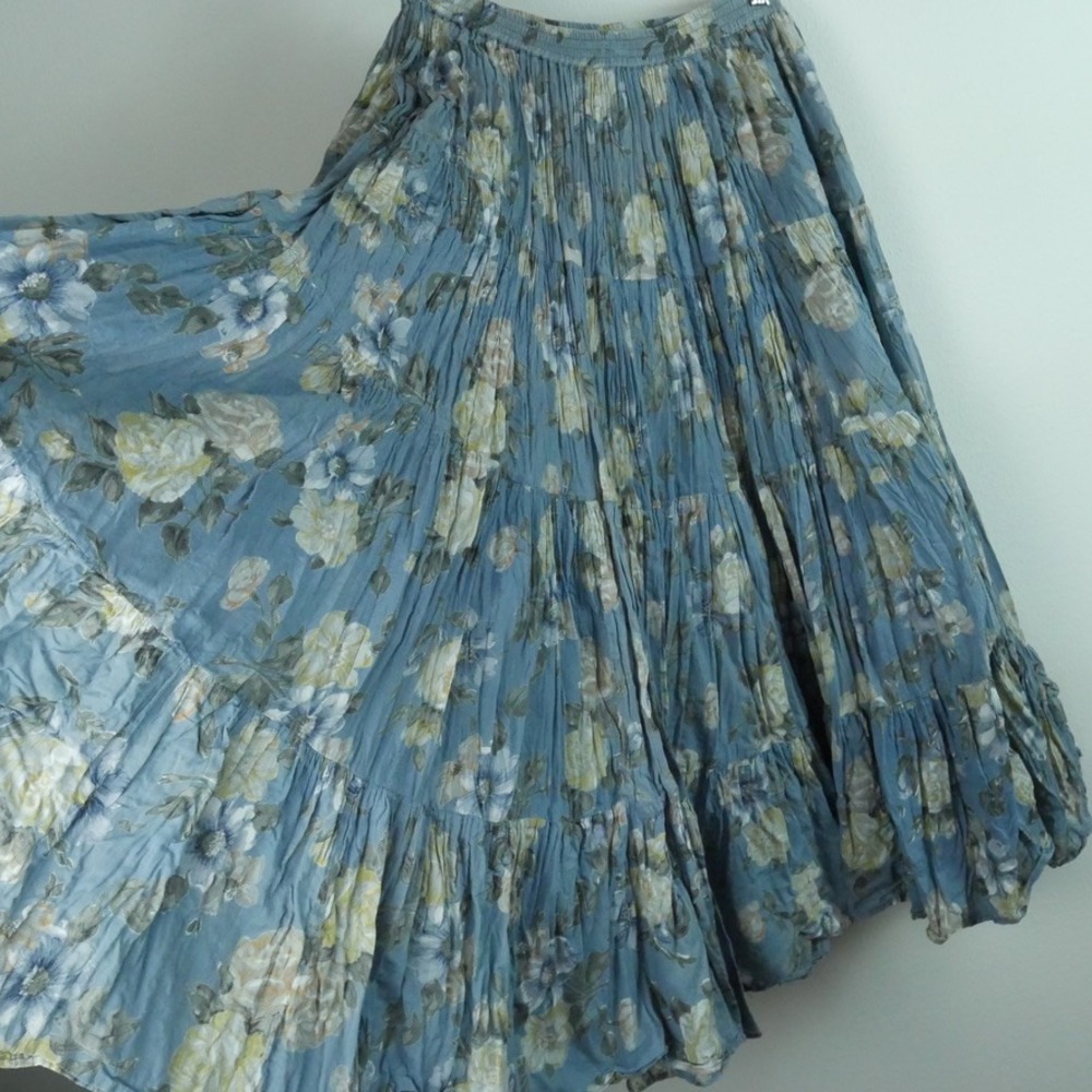 Vintage 90s Floral Crinkle Gauze Maxi Skirt Tiered Cottagecore Boho Western M